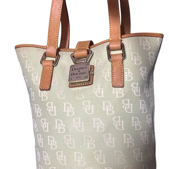 Dooney & Bourke Light Green Monogram Canvas Bucket Tote Bag With Leather Trim - Picture 9 of 16